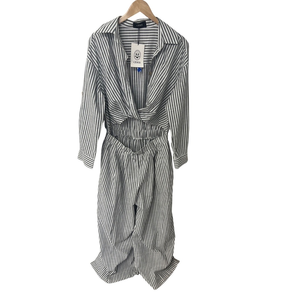 Boho Cider Jumpsuit Striped Cut Out Wide Leg Sz L Grey White Coastal Coquette